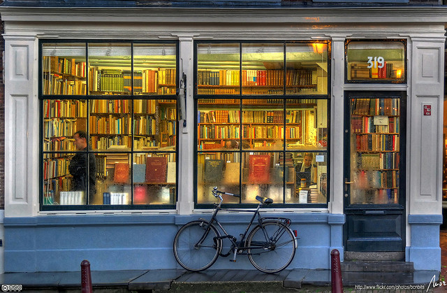 lighted bookstore at night
